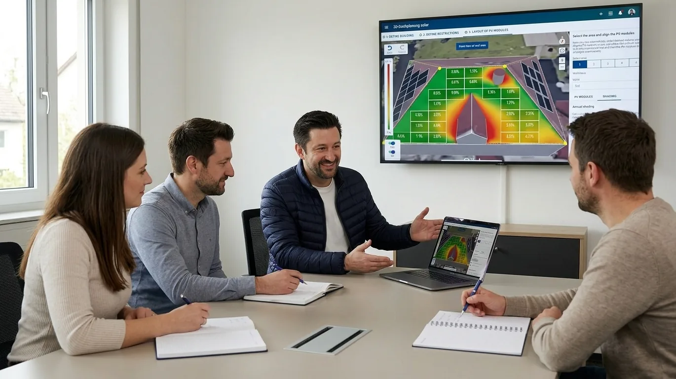 Projektbesprechung: Das Team stellt eine individuell entwickelte Software am Bildschirm vor